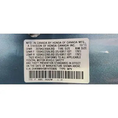 2015-2016 Honda CR-V Passenger Side Roof Curtain Used Air Bag
