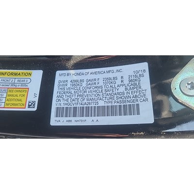 2018 Honda Accord passenger  Side, knee Used Air Bag