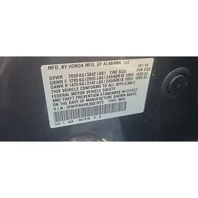 2016-2020 Honda Pilot Passenger side, Roof Curtain Used Air Bag