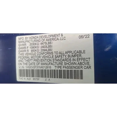 2018-2019 Honda Accord Passenger side Roof Curtain Used Air Bag