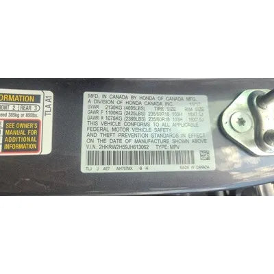 2017-2022 Honda CR-V Driver Side Roof Curtain Air bag Used