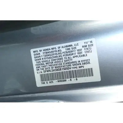 2014-2017 Honda Odyssey Driver Side Roof Curtain Air Bag Used